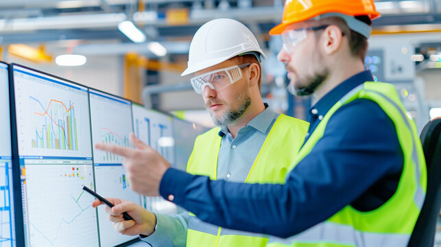 Business professionals analyzing data on screens. Two men in safety equipment reviewing financial charts and graphs in a modern workspace. Professional analysis and teamwork in business