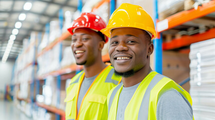 Smiling workers in construction helmets at warehouse. Construction workers with safety gear working environment showcasing teamwork and dedication in logistics