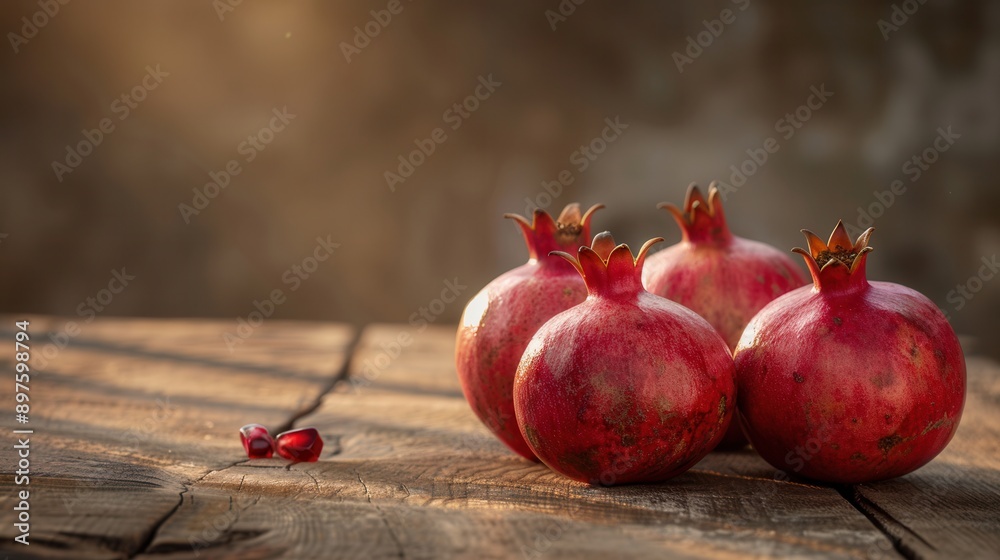 Poster three red pomegranates with a few seeds, on a rustic wooden table. generative ai