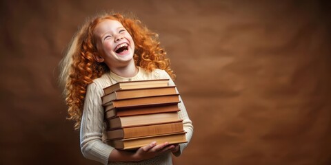 A smiling teenage girl is holding a stack of books against a white background