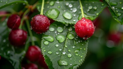 Vibrant red cherries with morning dew on green leaves in a lush garden showcase natures harvest beauty