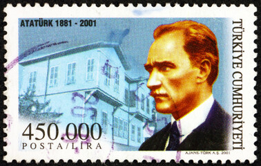 Postage stamp Turkey 2001 Mustafa Kemal Ataturk (1881-1938) and birthplace, founding father of the Republic of Turkey