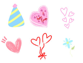 Set of design elements, heart, love, hat, flower and cake, cute drawing 