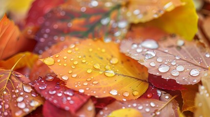 Close up of sparkling raindrops on autumn leaves
