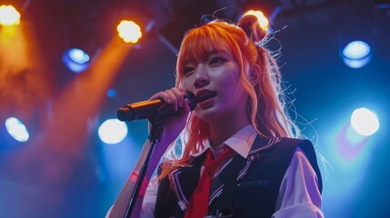 Neon Orange-Haired Schoolgirl Singing on Stage at Talent Show Under Bright Lights