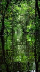 Obraz premium A lush, green jungle with a stream reflecting the surrounding trees