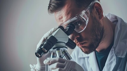 A specialist in the examination of biological material at work in an equipped office wearing overalls. Science or healthcare theme. Microbiology pharmaceutical research. Design for cover or brochure.