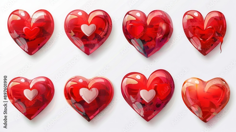 Poster A collection of eight red heart illustrations with various styles, all on a white background. Generative AI
