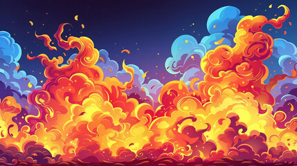 Colorful Clouds of Flames Against Night Sky
