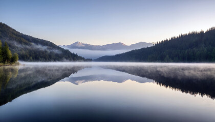 lake in the morning, with forest and mountains on the background