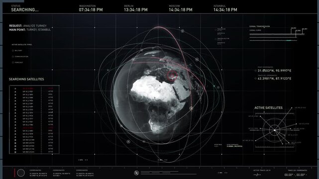 Future phantom connect software is looking for weak satellite signals. Future fantom system accessing the satellite camera. Future phantom tech is showing the live feed from a satellite. Interface.