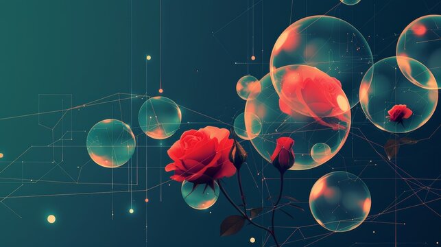 Minimalist illustration of transparent periodic elements integrated into a cohesive design with connected lines and roses