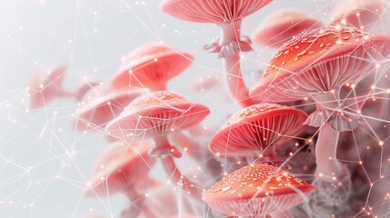 Minimalist illustration of transparent periodic elements integrated into a cohesive design with connected lines and mushrooms