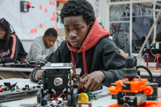 Afro American Student Engages in Robotics Club Assembly with Peers and Tools