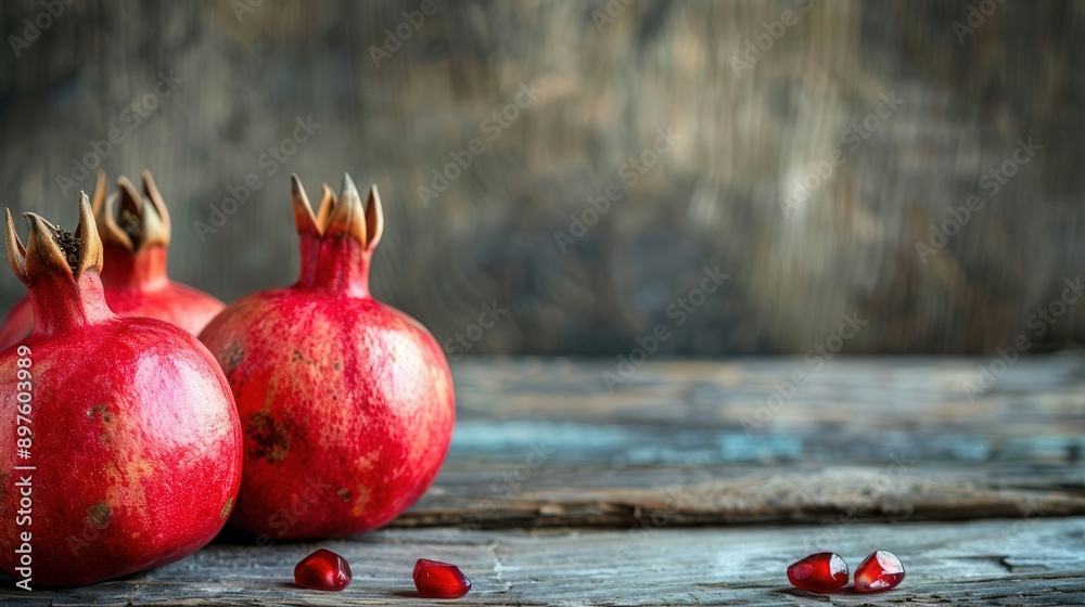 Poster Three red pomegranates with seeds rest on a rustic wooden table. Generative AI