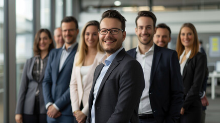 Fototapeta premium Portrait of successful group of business people at modern office looking at camera. 