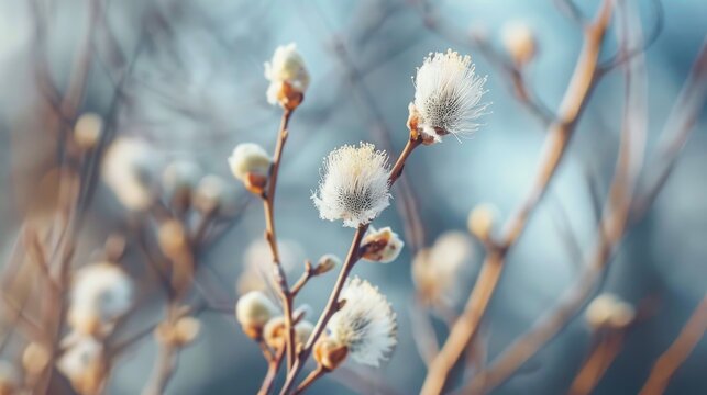Close up fluffy willow buds in spring forest s airy branches