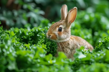 Fototapeta premium Brown Rabbit Eating Green Leafy Greens in a Garden
