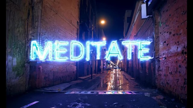 "MEDITATE" neon sign radiates calm, inviting mindfulness and inner peace in the bustling city.