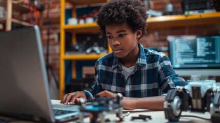 Young Student Coding a Robot during Robotics Club Meeting, Engaged with Laptop and Robot Parts