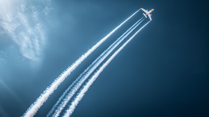 Stunt plane executing a sharp turn with smoke trails forming a beautiful arc in the sky, blue backdrop accentuating the daring acrobatics at an air show