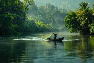 Fisherman Casting Net in Serene Southeast Asian River Amidst Lush Greenery for Nature Photography