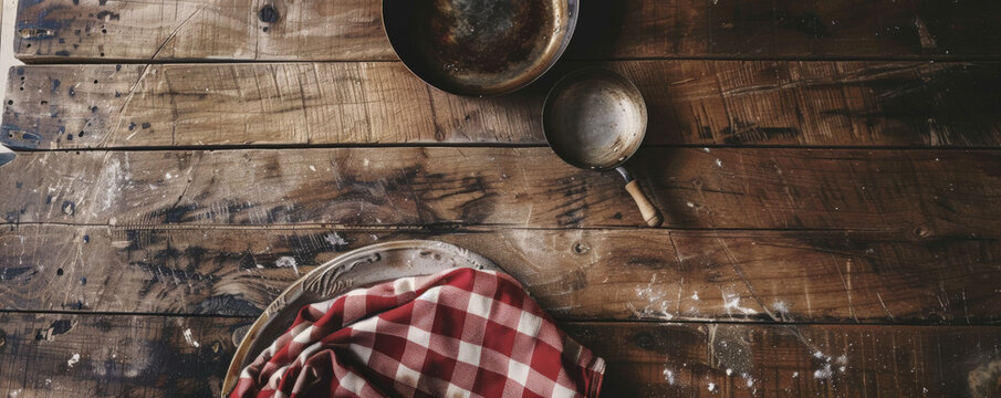 Overhead view of a rustic wooden table featuring a checkered tablecloth and an old, worn pan. The scene is perfect for evoking a sense of nostalgia and warmth.