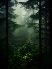 Fototapeta premium Mystic foggy dark green pine tree forest, landscape background 