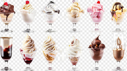 ice cream dessert, collection of sundae on white background, isolated