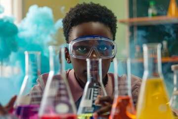 Afro American Schoolboy Conducting Chemistry Experiment with Colorful Reactions and Safety Goggles