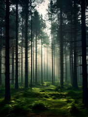 Fototapeta premium Mystic foggy dark green pine tree forest, landscape background 