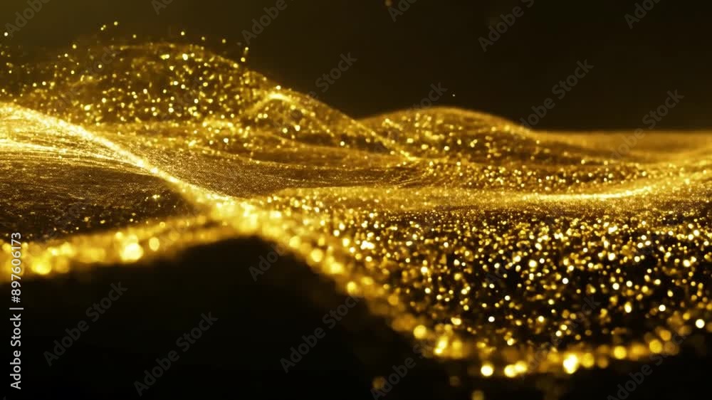 Fototapete Golden glitter particles form rippling waves on a black background, creating an abstract and ethereal scene.