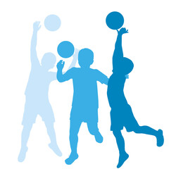 Set of silhouettes of a basketball player boy hitting the ball