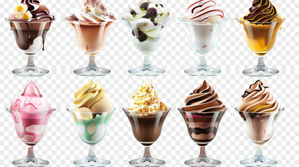 ice cream dessert, collection of sundae on white background, isolated