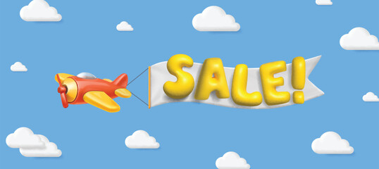 Sale banner. Retro biplane with wavy advertising banner for discount. 3d cartoon plane with ribbon in blue sky. Mega sale design element © lightgirl