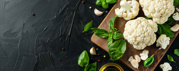 Top view of cauliflower and oil on a wood board against a black background. The fresh cauliflower emphasizes healthy eating. Ample space for text.