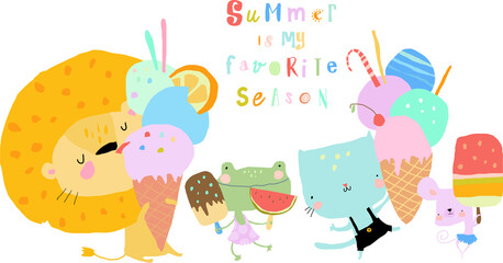 Happy Animals eating Ice Cream and meeting Summer. Vector illustration