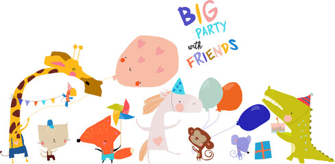Birthday Card with Cute Animals celebrating Holiday. Vector illustration © Maria Starus