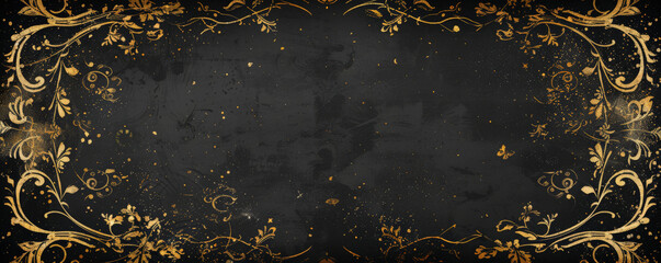 Vintage floral frame intricately hand-drawn on a black background with gold dust accents, ideal for adding a touch of elegance to various designs.