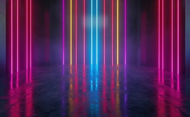 Colorful neon light stripes on dark background with abstract wallpaper design. 3D Rendering Mock up