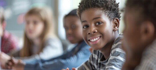 Fototapeta premium Enthusiastic Afro American Schoolboy in Student Council Meeting Discussing Ideas with Peers