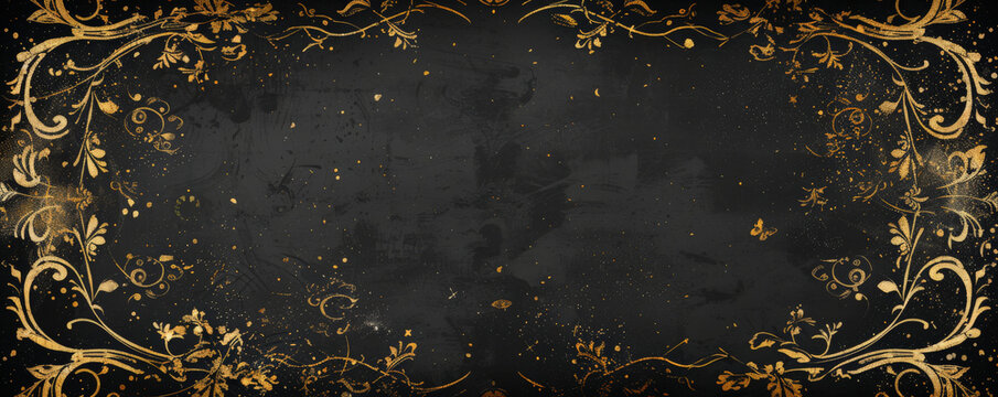 Vintage floral frame intricately hand-drawn on a black background with gold dust accents, ideal for adding a touch of elegance to various designs.