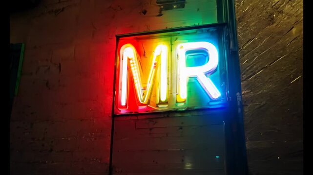 "MR" (Mixed Reality) neon sign combines elements of the real and virtual worlds in a dark urban alley.