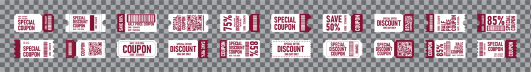 coupon promotion set, voucher card template, coupon code promotion, gift voucher, coupon book, discount voucher, coupon vector, png, transparent