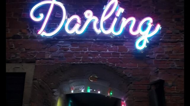 "DARLING" in glowing neon lights up a dark alley with a tender and affectionate aura.