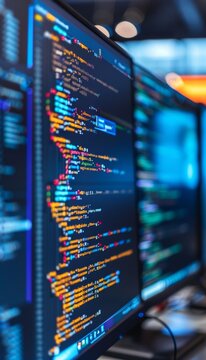 Close-up of Developers Coding with Python, JavaScript, and Java on Computer Screens - Tech Workstation