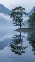 A lone tree reflects in a tranquil lake