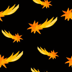 golden star in scandinavian style seamless pattern isolated on black background watercolor hygge illustration. Cozy Christmas for textile card design