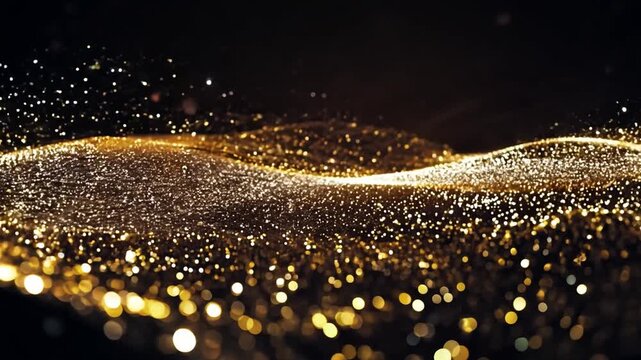 A wave of glittering gold dust moves across a black background, creating a mesmerizing abstract design.