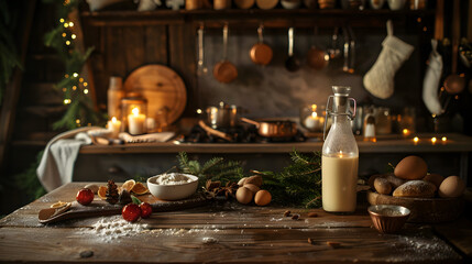 Warm and cozy kitchen scene with ingredients for baking, featuring eggs, flour, and festive decorations, creating a holiday atmosphere